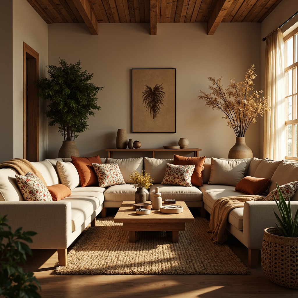 Prompt: Cozy living room, plush throw blankets, soft velvet sofas, woven baskets, natural fiber rugs, earthy tone color palette, warm golden lighting, comfortable seating arrangements, oversized pillows, intricate embroidery patterns, tactile upholstery fabrics, luxurious drapes, rustic wooden accents, modern minimalist decor, serene atmosphere, shallow depth of field, 1/2 composition, realistic textures, ambient occlusion.