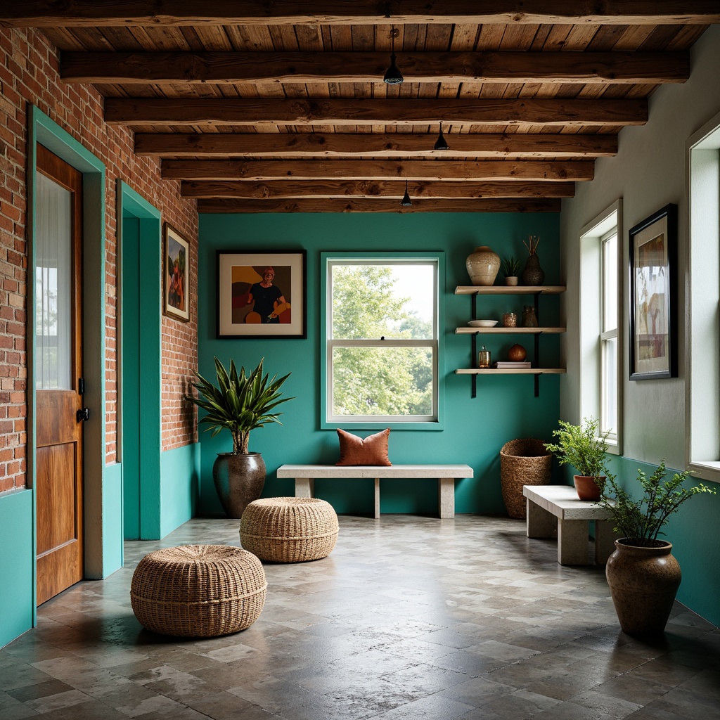 Prompt: Rustic mudroom, reclaimed wood accents, industrial metal beams, exposed brick walls, polished concrete floors, geometric patterned tiles, vibrant turquoise hues, natural stone benches, woven wicker baskets, eclectic decorative items, distressed leather ottomans, modern minimalist shelving, abstract art pieces, dramatic overhead lighting, 1/1 composition, softbox shadows, cinematic depth of field.