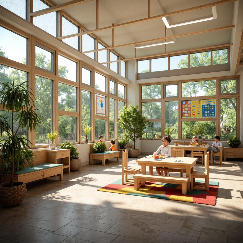 Prompt: Bright kindergarten classroom, large windows, sliding glass doors, transparent rooflights, natural stone flooring, wooden tables, colorful chairs, educational posters, playful rugs, cozy reading nooks, overflowing plants, sunny day, soft warm lighting, shallow depth of field, 1/1 composition, realistic textures, ambient occlusion.