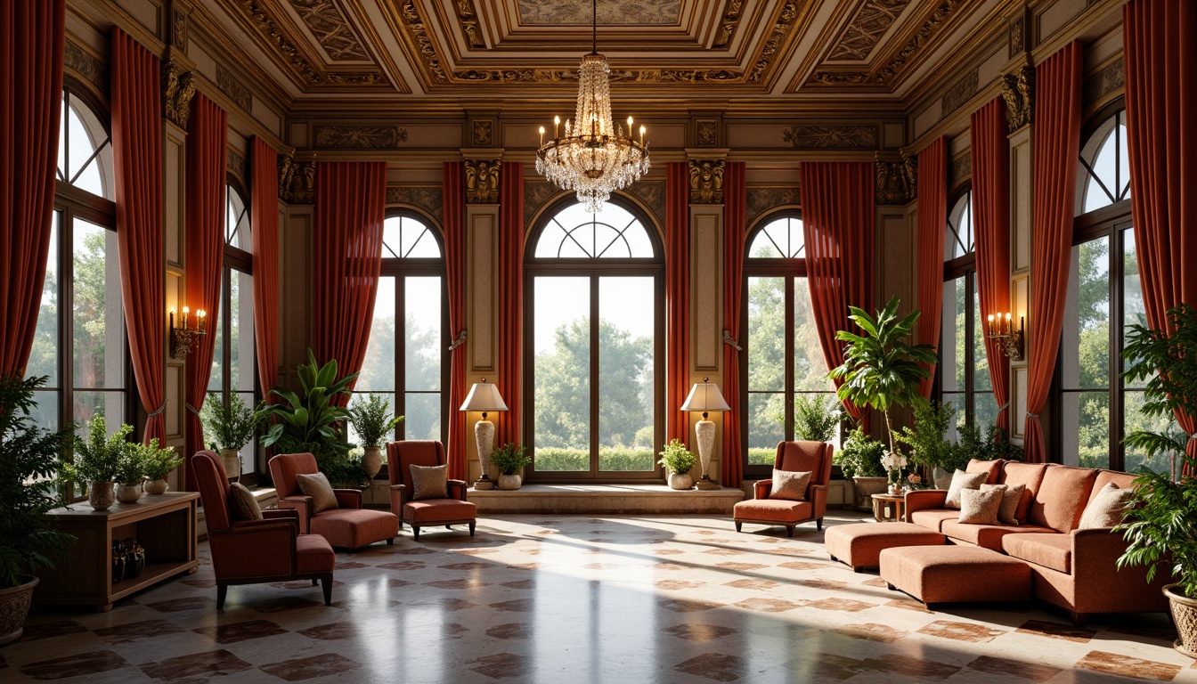 Prompt: Opulent sunroom, ornate gilded frames, intricately carved wooden panels, lavish velvet drapes, majestic crystal chandeliers, richly patterned marble floors, grandiose arched windows, soft warm golden lighting, subtle depth of field, 1/1 composition, intimate atmosphere, realistic textures, ambient occlusion, luxurious furnishings, plush upholstered armchairs, ornate mirrors, gilded accents, lavish tapestries, Baroque-inspired ornaments.