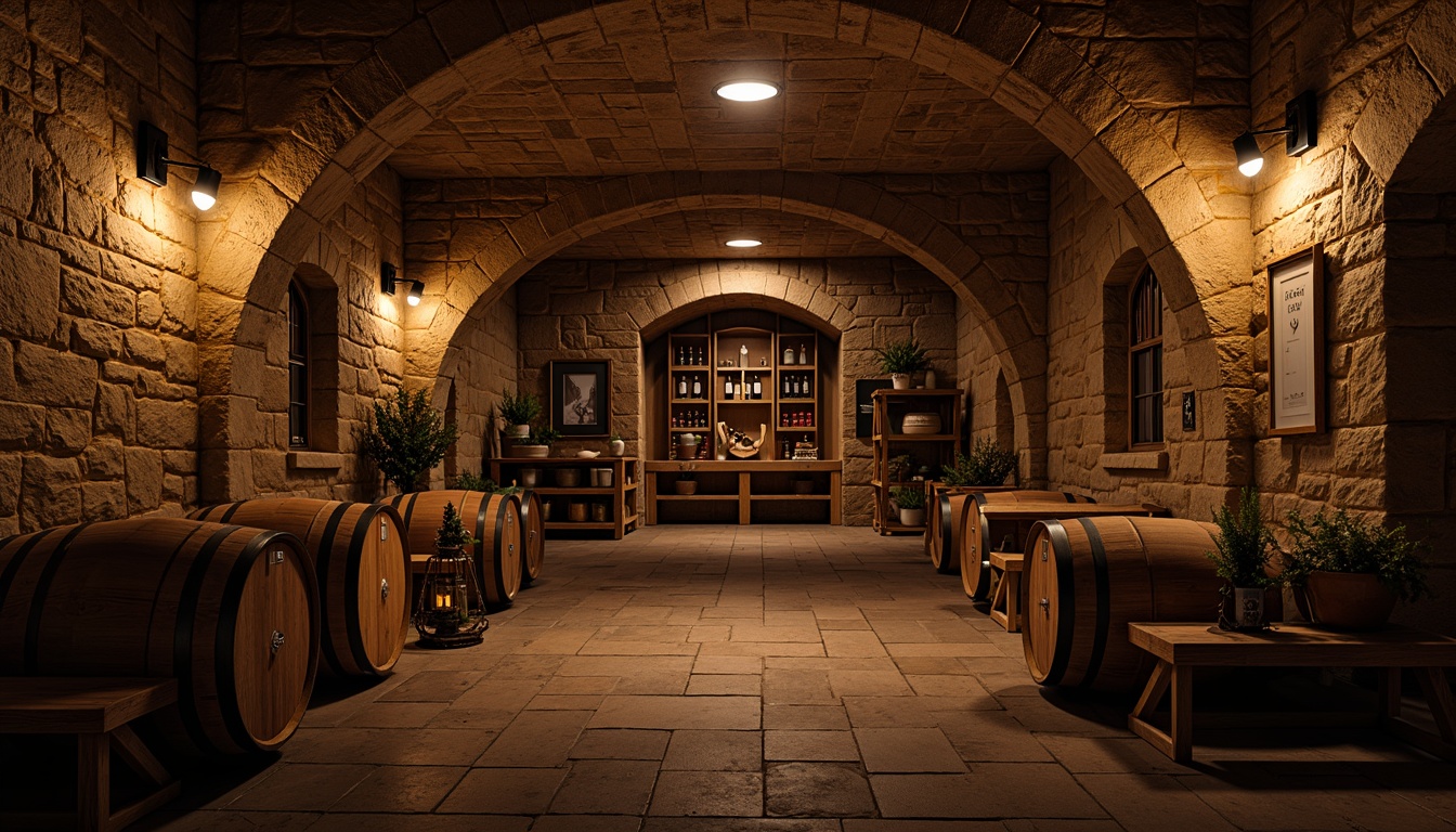 Prompt: Rustic wine cellar, wooden crates, stone walls, dim warm lighting, rich wood tones, distressed oak barrels, vintage metal lanterns, earthy color palette, natural stone floors, reclaimed wood shelving, wrought iron decor, soft ambient glow, cozy intimate atmosphere, 1/2 composition, shallow depth of field, realistic textures, subtle shadows.