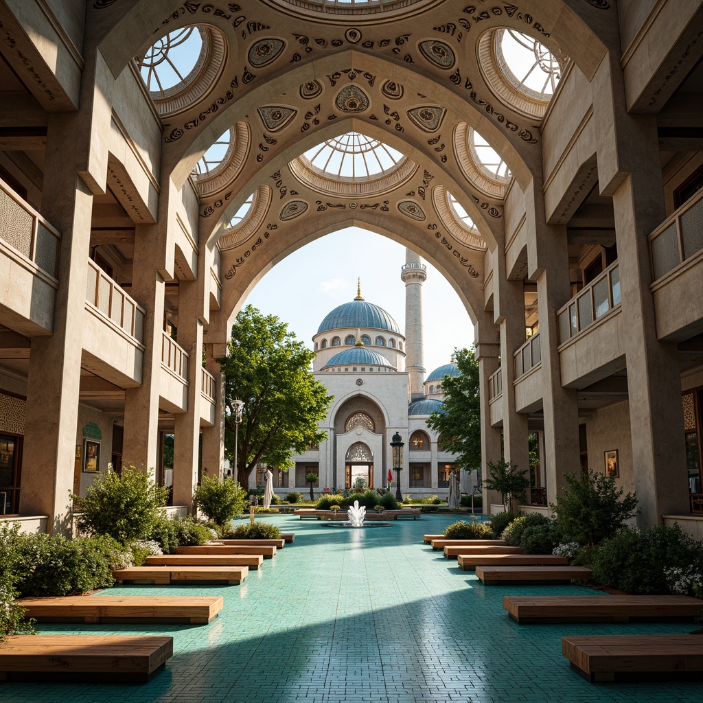 Prompt: Sacred mosque, grand dome, minaret towers, intricate arches, Islamic geometric patterns, vibrant turquoise tiles, natural stone floors, wooden prayer benches, ornate chandeliers, soft warm lighting, shallow depth of field, 3/4 composition, panoramic view, realistic textures, ambient occlusion, open courtyard, lush greenery, water fountain, peaceful ambiance, spiritual atmosphere.