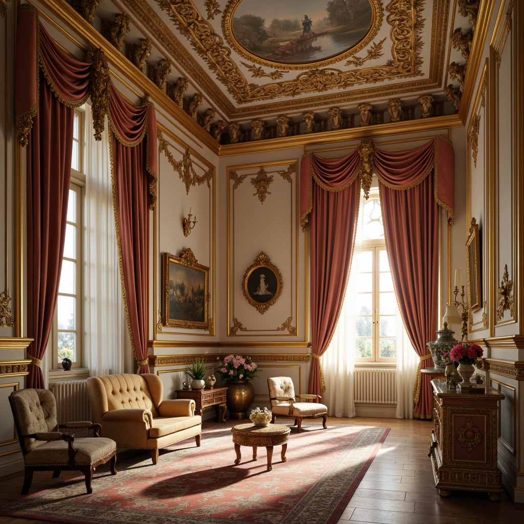 Prompt: Ornate palace interior, lavish furnishings, intricately carved wooden panels, gilded mirrors, delicate porcelain vases, ornamental clockwork mechanisms, luxurious velvet drapes, crystal chandeliers, pastel color palette, soft golden lighting, shallow depth of field, 1/1 composition, romantic ambiance, subtle texture overlays, warm atmospheric glow.