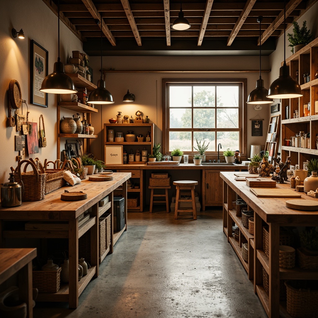 Prompt: Cozy workshop, wooden workbenches, scattered tools, soft warm lighting, pendant lamps, metal shades, rustic wooden accents, vintage decorative items, earthy color palette, warm beige tones, natural textiles, woven baskets, distressed finishes, warm inviting atmosphere, shallow depth of field, 1/1 composition, realistic textures, ambient occlusion.