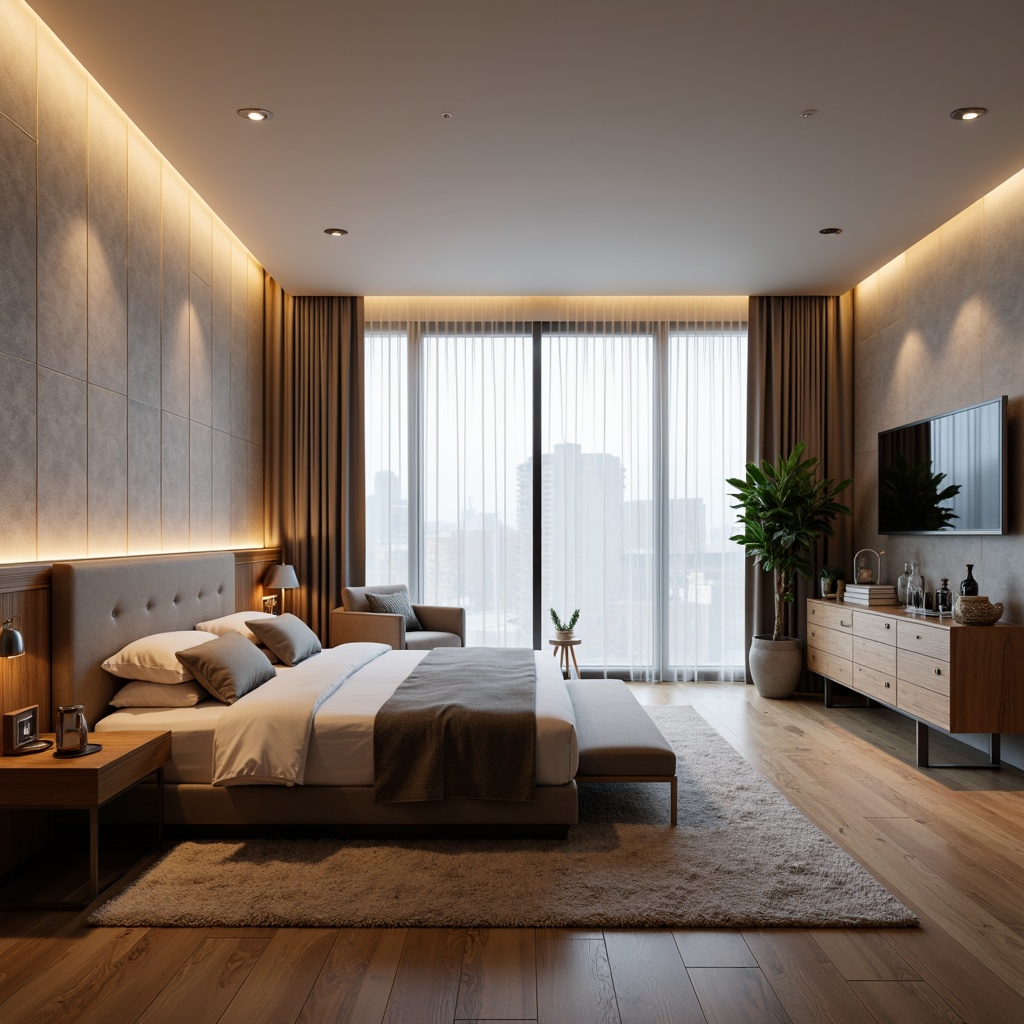 Prompt: Minimalist bedroom, soft warm lighting, plush area rug, low-profile bed frame, tufted headboard, velvety upholstery, chrome metal accents, sleek nightstands, geometric patterned wallpaper, calming neutral colors, floor-to-ceiling windows, sheer curtains, modern minimalist dresser, wall-mounted TV, ambient indirect lighting, 1/1 composition, shallow depth of field, realistic textures.