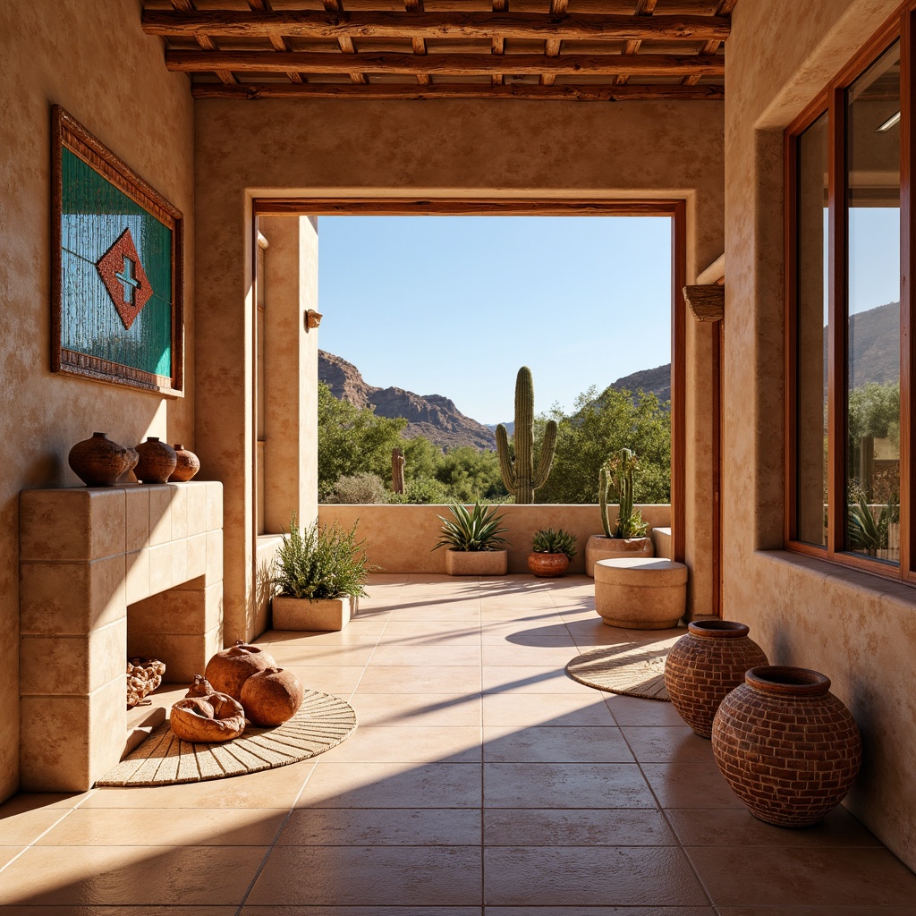 Prompt: Earth-toned tile, terracotta pottery, woven basket-inspired patterns, warm beige floors, rustic wooden accents, natural stone walls, turquoise glass mosaics, vibrant Native American textiles, geometric shapes, bold red and orange hues, cacti silhouettes, desert landscape, clear blue sky, warm sunny day, shallow depth of field, 3/4 composition, panoramic view, realistic textures, ambient occlusion.