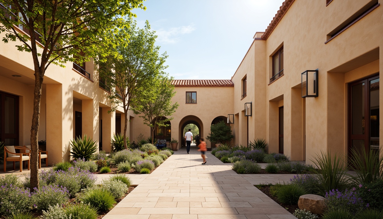 Prompt: Earthy community buildings, warm beige walls, soft cream columns, rustic terracotta roofs, lush greenery, vibrant floral arrangements, natural stone pathways, ornate bronze details, elegant archways, refined marble floors, sophisticated neutral tones, warm golden lighting, shallow depth of field, 2/3 composition, harmonious color balance, realistic textures, ambient occlusion.