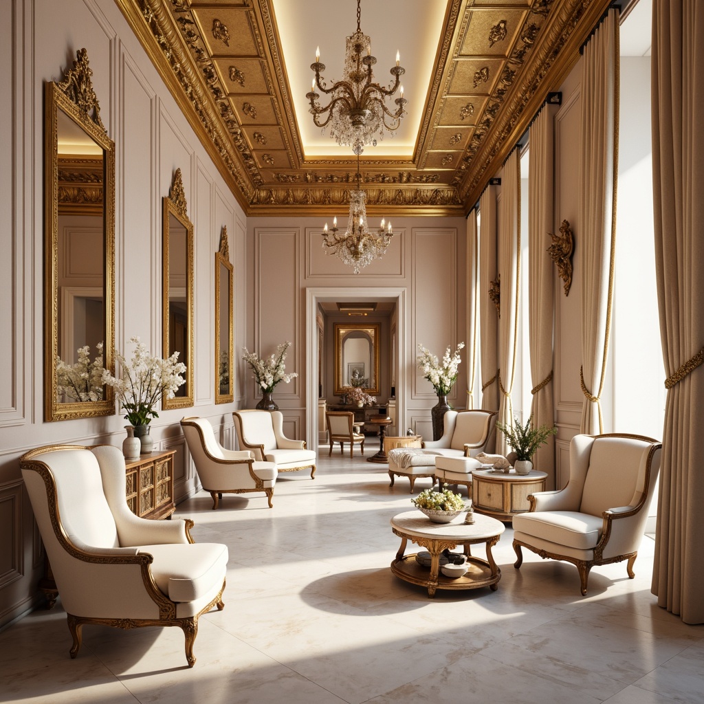 Prompt: Luxurious Rococo interior, soft golden lighting, rich velvet fabrics, ornate mirrors, gilded frames, delicate porcelain vases, pastel color scheme, pale pink accents, creamy white marble, intricate carvings, lavish furnishings, opulent chandeliers, warm beige tones, subtle sheen, elegant curved lines, refined French neoclassicism, sophisticated ambiance.