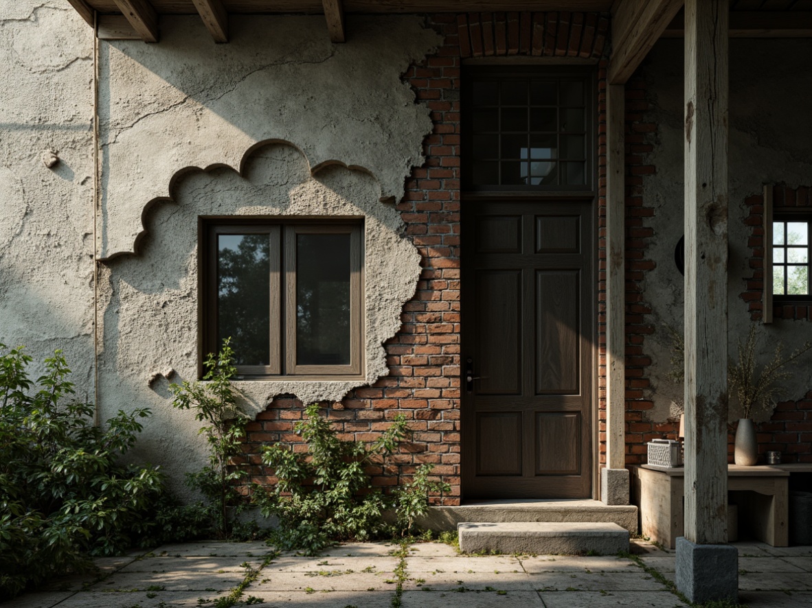 Prompt: Distressed stonewall, rough-hewn granite, weathered brick facade, peeling plaster, faded paint, rusty metal accents, overgrown ivy, crumbling mortar, worn wooden beams, aged concrete, industrial chic aesthetic, moody atmospheric lighting, dramatic shadows, high-contrast textures, cinematic composition, 1-point perspective, deep depth of field.