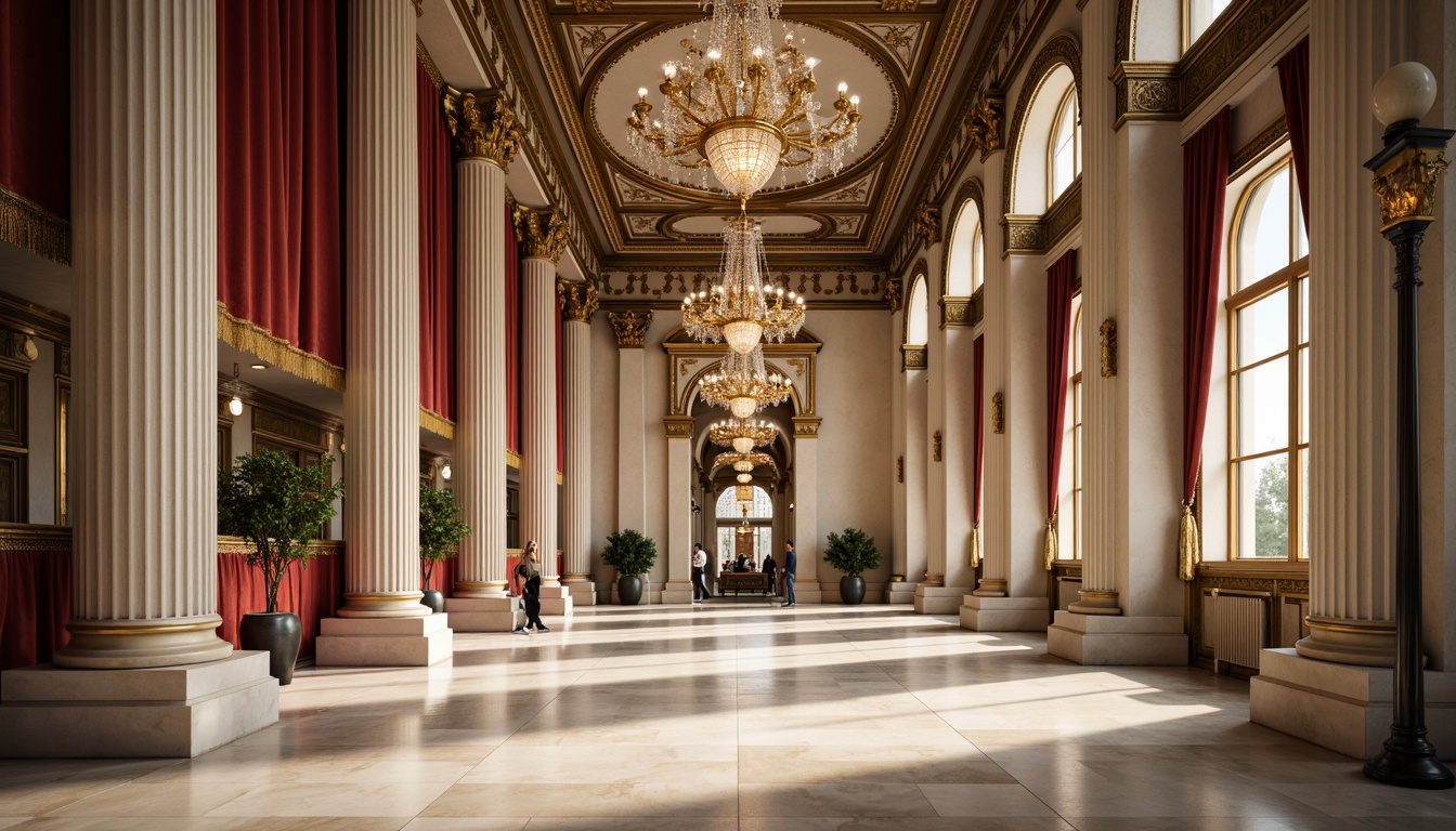 Prompt: Elegant hall interior, grand neoclassical columns, ornate capitals, fluted shafts, intricate carvings, polished marble floors, high ceilings, crystal chandeliers, luxurious fabrics, velvet drapes, gilded frames, classical archways, symmetrical compositions, soft warm lighting, subtle shadows, 1/2 composition, realistic textures, ambient occlusion.