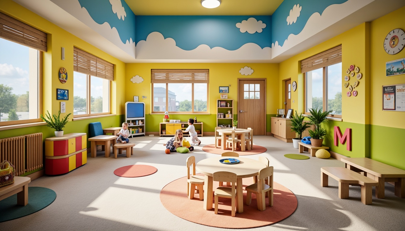 Prompt: Vibrant kindergarten classroom, playful children's furniture, primary color blocks, educational wall art, soft carpet flooring, rounded corners, natural wood accents, stimulating yellow walls, calming blue ceilings, warm beige tables, engaging green reading nooks, whimsical cloud-shaped decorations, oversized alphabet letters, friendly cartoon character murals, cozy circular rugs, gentle overhead lighting, shallow depth of field, 1/1 composition, realistic textures, ambient occlusion.