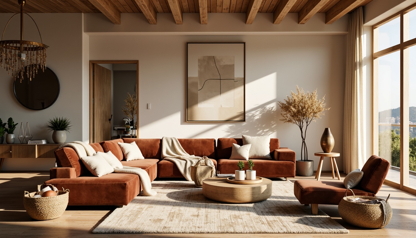 Prompt: Cozy living room, plush throw blankets, soft velvet couches, woven baskets, natural wood accents, warm beige walls, elegant chandeliers, subtle patterned rugs, rich leather armchairs, luxurious silk fabrics, modern minimalist decor, abundant natural light, airy atmosphere, 1/1 composition, shallow depth of field, warm golden lighting.