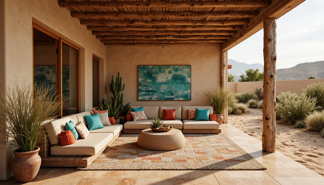 Prompt: Earth-toned adobe-style villa, rustic wooden accents, vibrant turquoise decorative elements, woven Native American-inspired textiles, warm beige stucco walls, distressed wood flooring, hand-scraped Saltillo tiles, natural fiber area rugs, plush shag carpeting, terracotta pottery accents, sun-kissed desert landscape, cacti plants, sandy dunes, warm golden lighting, shallow depth of field, 3/4 composition, realistic textures, ambient occlusion.