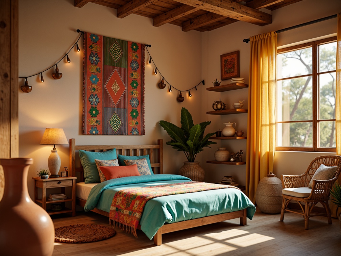 Prompt: Vibrant kids' bedroom, southwestern decor, colorful tribal patterns, woven textiles, rustic wooden furniture, clay pottery accents, warm beige walls, turquoise blue bedding, soft golden lighting, table lamps with woven shades, floor lamps with ceramic bases, string lights with miniature sombreros, sunny afternoon ambiance, shallow depth of field, 1/1 composition, realistic textures, ambient occlusion.