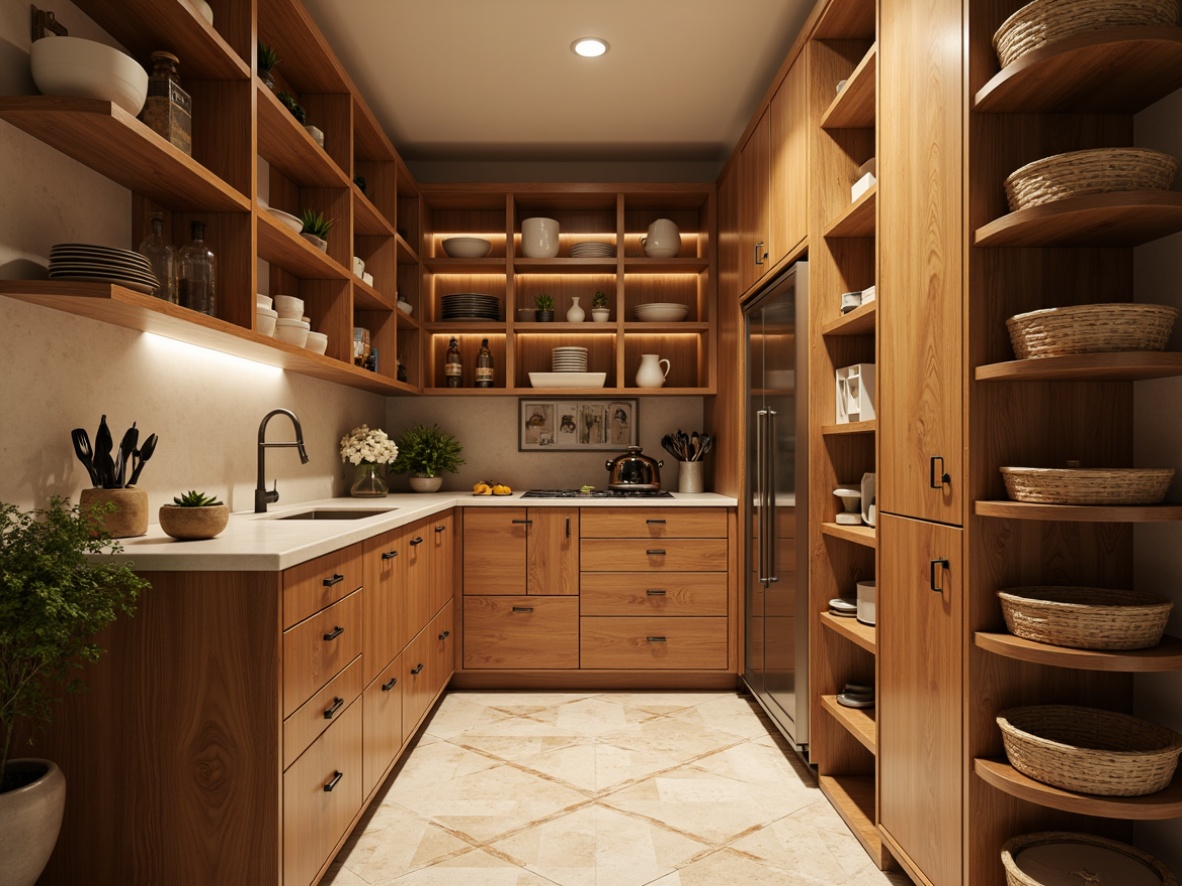 Prompt: Mid-century modern pantry, warm wooden cabinetry, sleek horizontal lines, flat-panel doors, minimalist hardware, open shelving, natural wood tones, earthy color palette, vintage-inspired lighting fixtures, geometric-patterned flooring, spacious countertops, stainless steel appliances, ample storage spaces, organized kitchen utensils, soft ambient lighting, shallow depth of field, 1/1 composition, realistic textures.