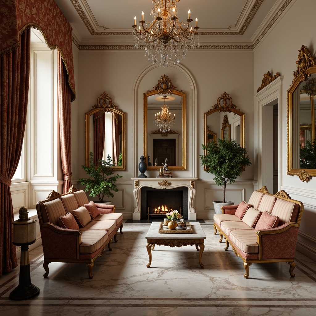 Prompt: Elegant villa interior, neoclassical furniture style, ornate carvings, gilded accents, rich velvet fabrics, luxurious marble floors, crystal chandeliers, grandiose mirrors, refined proportions, symmetrical compositions, classical motifs, subtle color palette, soft warm lighting, ambient shadows, 1/1 composition, realistic textures, detailed normal maps.