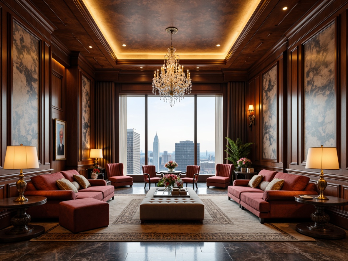 Prompt: Luxurious penthouse, classicism style, rich wood tones, ornate carvings, velvet upholstered sofas, crystal chandeliers, marble floors, gold accents, tufted ottomans, rolled armchairs, elegant coffee tables, refined side tables, plush area rugs, sophisticated lighting fixtures, high ceilings, large windows, city skyline views, soft warm lighting, shallow depth of field, 3/4 composition, realistic textures, ambient occlusion.