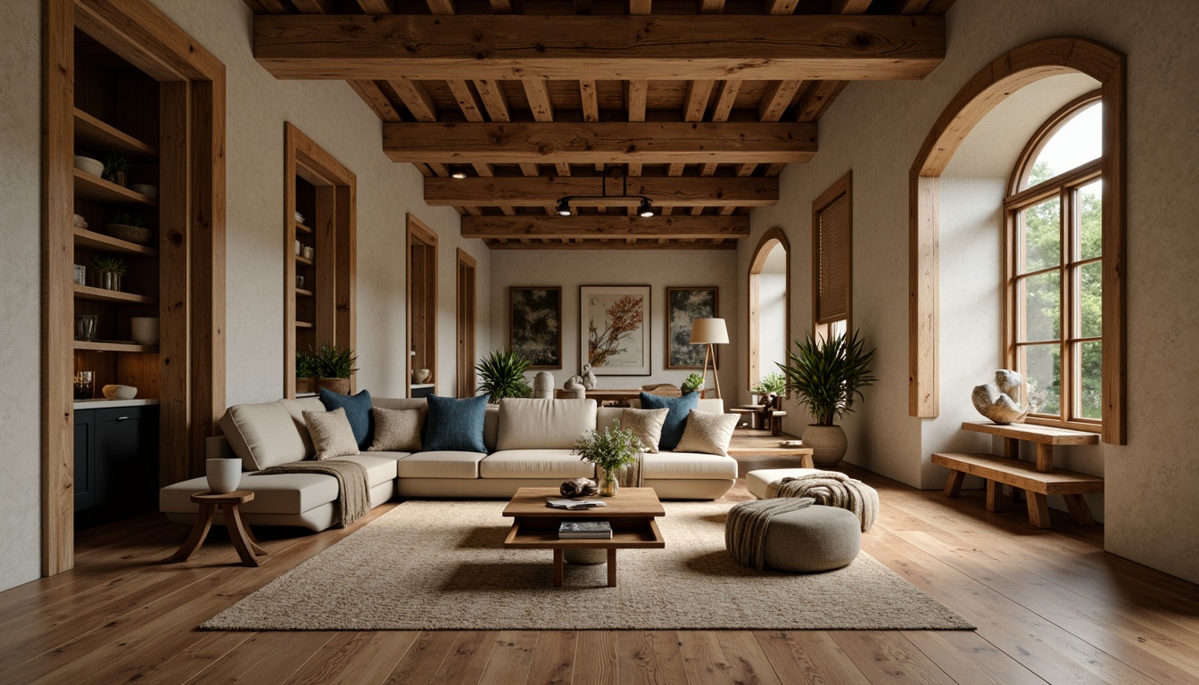 Prompt: Rustic wooden textures, earthy tone color palette, warm beige, rich brown, deep green, sky blue accents, natural materials, handcrafted details, ornate trims, exposed beams, cozy atmosphere, soft warm lighting, shallow depth of field, 3/4 composition, realistic wood grains, ambient occlusion.