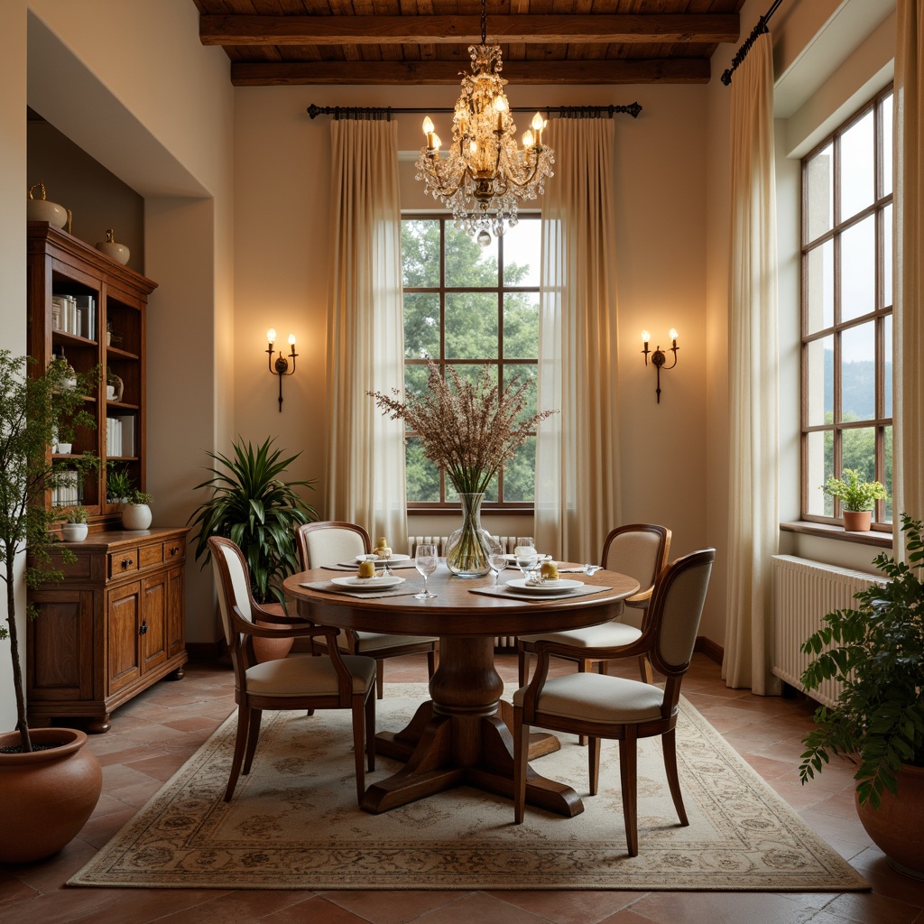 Prompt: Cozy dining room, warm beige walls, rich walnut wood furniture, soft cream-colored curtains, elegant crystal chandeliers, subtle gold accents, vintage distressed finishes, plush area rugs, natural stone flooring, earthy terracotta pots, lush greenery, ambient warm lighting, shallow depth of field, 2/3 composition, realistic textures, soft focus.