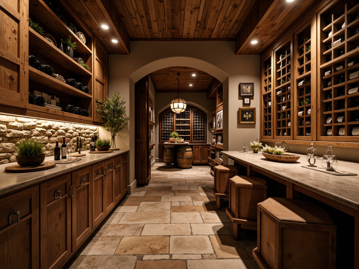 Prompt: Rustic wine cellar, earthy tones, wooden shelving units, reclaimed wood accents, vintage metal hardware, stone walls, arched doorways, dim warm lighting, rich leather furnishings, ornate wooden cabinets, decorative wine barrels, aged brick floors, natural stone countertops, earthy scent, cozy intimate atmosphere, shallow depth of field, 2/3 composition, soft focus, warm color palette.