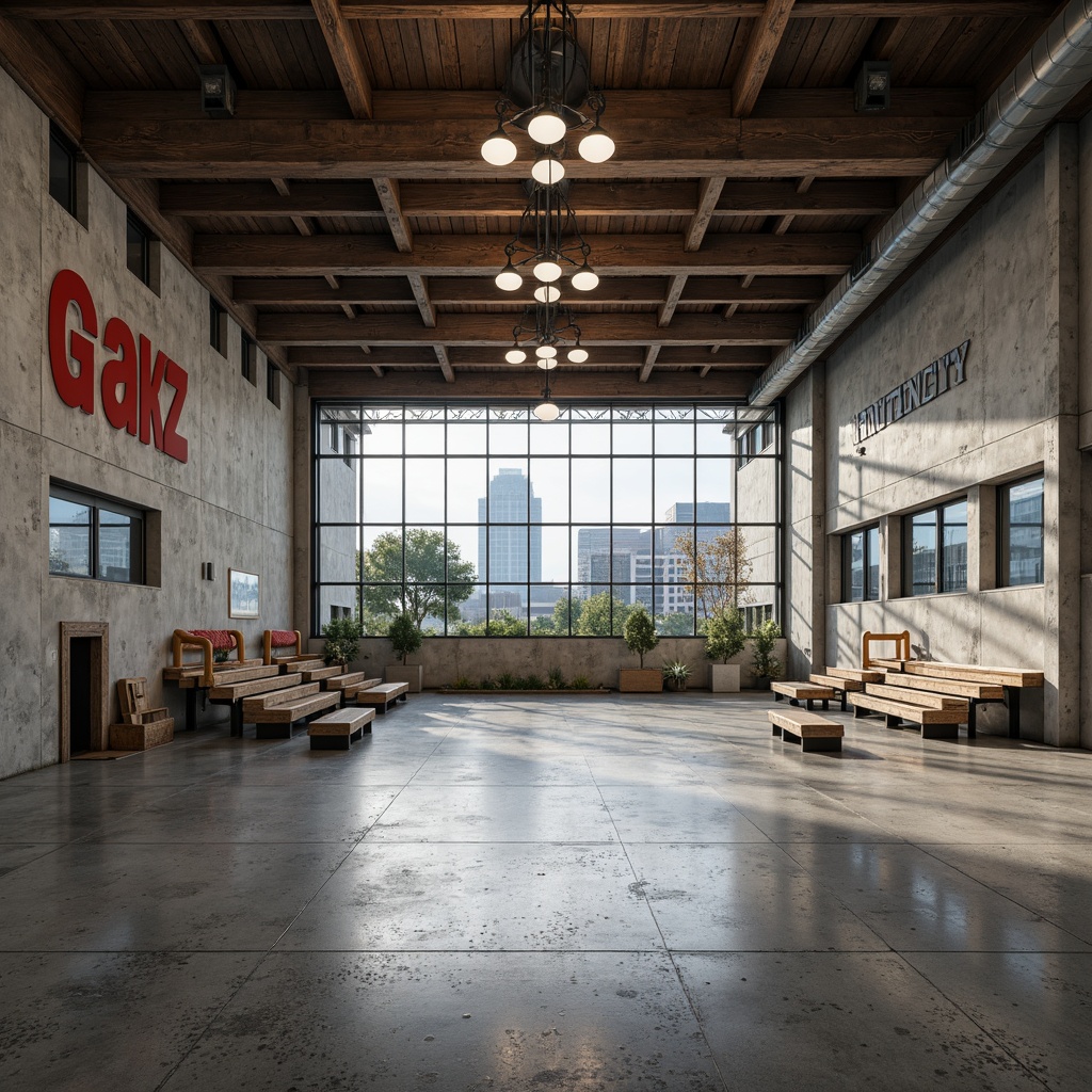 Prompt: Exposed concrete walls, rough-hewn stone floors, metal beams, industrial-style lighting fixtures, bold typography, minimalist color palette, functional athletic equipment, wooden bleachers, rustic steel columns, raw unfinished textures, dramatic high ceilings, abundant natural light, strong geometric shapes, brutalist architecture, urban cityscape, overcast day, high-contrast lighting, 1/1 composition, cinematic camera angles, realistic material rendering.