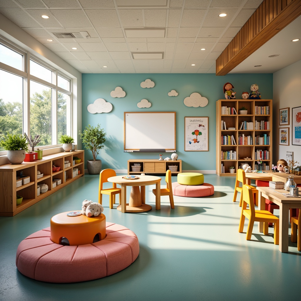 Prompt: Vibrant kindergarten classroom, ergonomic chairs, colorful desks, interactive whiteboards, playful storage bins, soft cushioned reading nooks, adjustable tables, kid-friendly bookshelves, whimsical wall decals, educational posters, natural wood accents, pastel color scheme, warm cozy lighting, shallow depth of field, 1/1 composition, realistic textures, ambient occlusion.