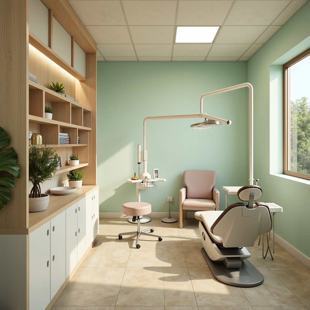 Prompt: Calming dental clinic atmosphere, soft pastel colors, gentle mint green, soothing beige, creamy whites, subtle wood accents, natural stone flooring, minimalist decor, modern dental equipment, sleek metal surfaces, sterile glass partitions, warm LED lighting, shallow depth of field, 1/1 composition, realistic textures, ambient occlusion.