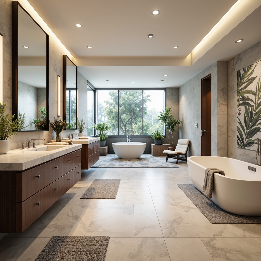 Prompt: Elegant bathroom fixtures, freestanding tubs, rainfall showerheads, marble countertops, polished chrome faucets, soft LED lighting, heated flooring, large mirrors, minimalist cabinets, modern wall tiles, botanical prints, spa-inspired ambiance, serene atmosphere, natural stone accents, glass enclosed showers, luxurious textiles, plush bathmats.