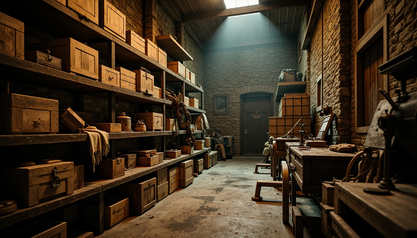 Prompt: Rustic storage room, distressed wooden crates, worn metal shelves, vintage industrial machinery, rough stone walls, dim warm lighting, shallow depth of field, 3/4 composition, expressionist brushstrokes, heavy textured surfaces, peeling paint, rusty hinges, old leather straps, faded fabric bundles, mysterious shadows, atmospheric mist, cinematic color grading, high contrast ratio.