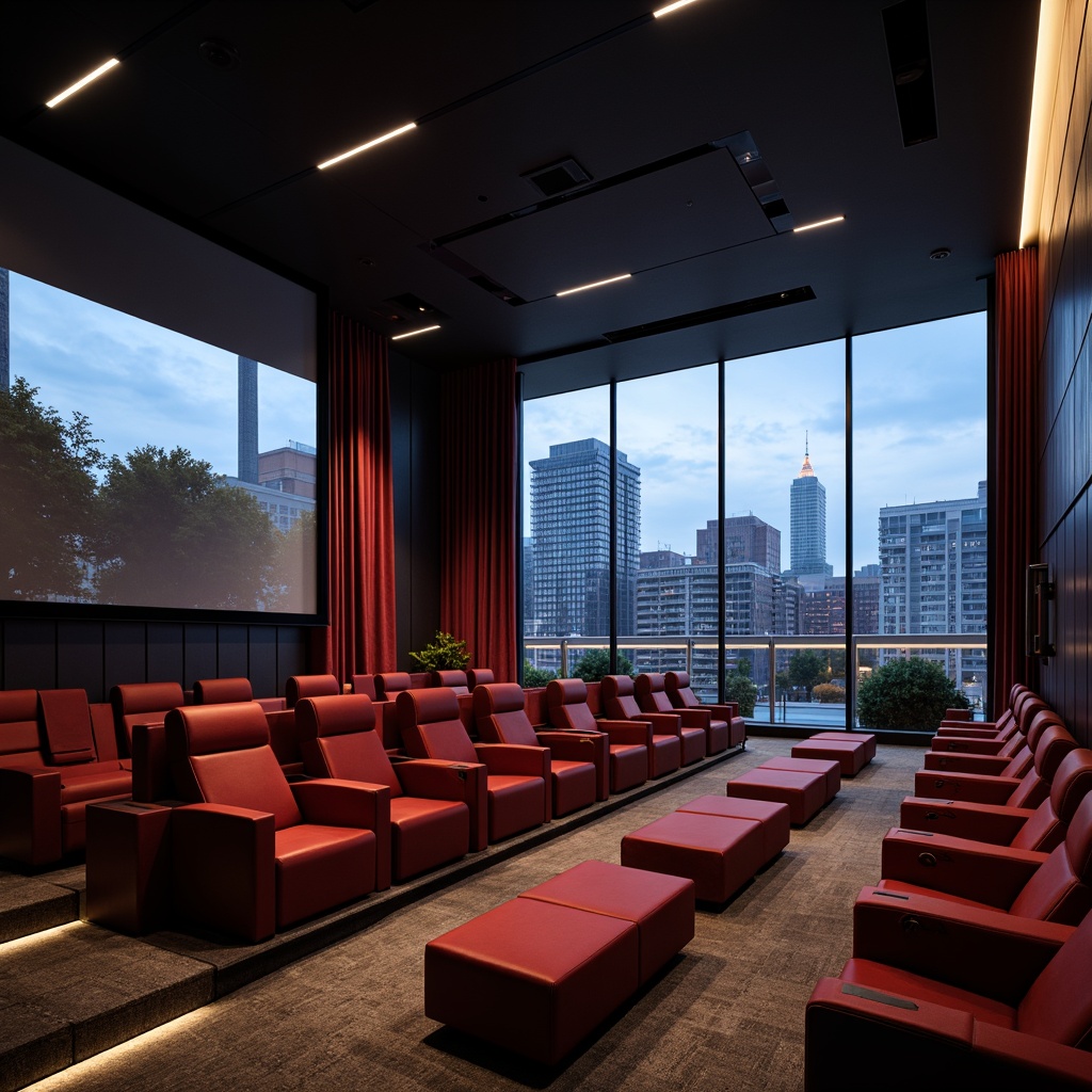 Prompt: Modern cinema interior, luxurious seating, velvet curtains, projection screen, cinematic lighting, immersive sound systems, premium audio equipment, raised platforms, stepped seating, curved walls, minimalist decor, subtle color scheme, ambient LED lights, floor-to-ceiling windows, cityscape views, panoramic urban landscape, daytime natural light, softbox diffused lighting, 1/2 composition, shallow depth of field, cinematic framing.