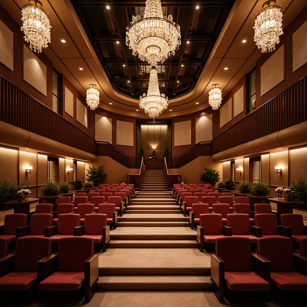 Prompt: Elegant auditorium, curved rows of seats, ornate chandeliers, suspended LED lights, floor lamps, wall sconces, dimmable lighting, warm color temperatures, high ceilings, acoustic panels, sound-absorbing materials, luxurious carpets, velvet drapes, grand entrance, sweeping staircases, minimalist decor, subtle ambient glow, dramatic spotlights, 1/2 composition, cinematic lighting, realistic reflections.