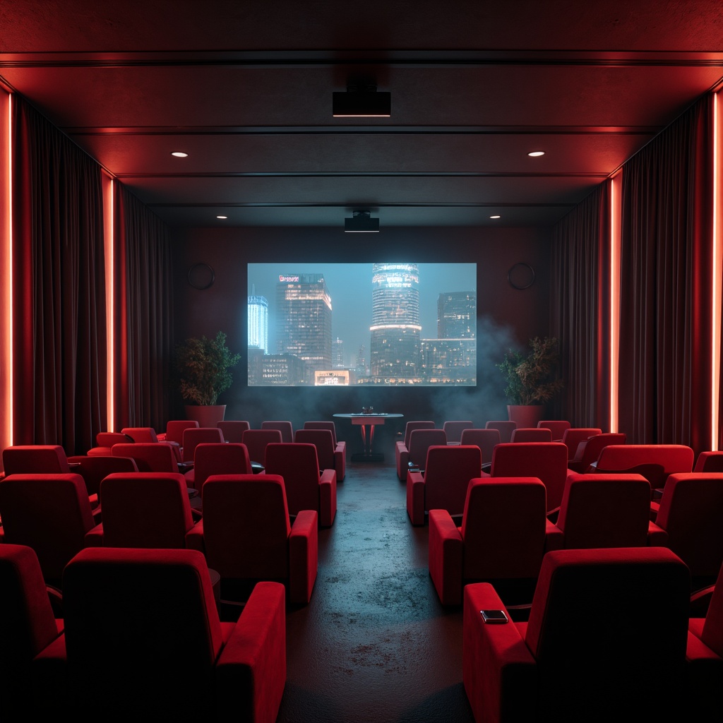 Prompt: Moody cinema interior, dark-toned walls, sleek modern furniture, plush red velvet seats, floor-to-ceiling curtains, dramatic spotlights, warm ambient glow, LED strip lights, futuristic chandeliers, metallic accents, high-contrast lighting, deep shadows, cinematic atmosphere, 1/1 composition, low-angle shot, soft focus, atmospheric fog, mysterious color grading, neon-lit cityscape outside, urban nightlife ambiance.