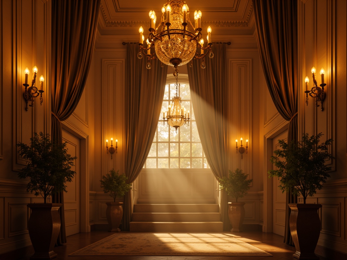 Prompt: Elegant chandeliers, ornate sconces, warm golden lighting, soft diffused illumination, grandiose high ceilings, intricate moldings, luxurious fabrics, rich wood tones, subtle ambient glow, dramatic uplighting, crystal prisms, refined bronze fixtures, sophisticated pendant lights, harmonious color palette, symmetrical composition, 1/1 aspect ratio, low-key shadows, atmospheric mist, realistic reflections.