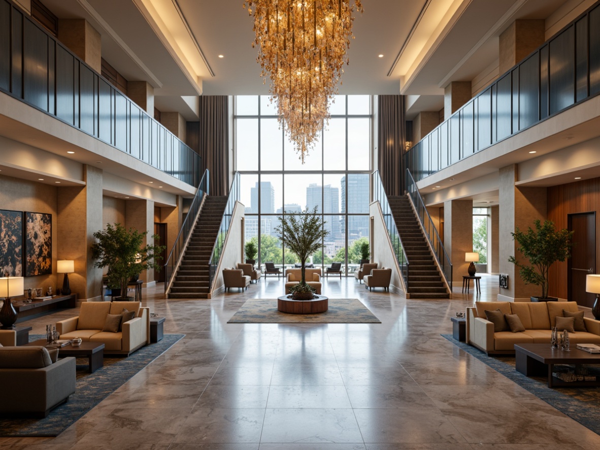 Prompt: Grand foyer, high ceilings, elegant chandeliers, marble flooring, sweeping staircases, luxurious textiles, lavish furnishings, floor-to-ceiling windows, natural light pouring in, urban skyline views, modern minimalist decor, geometric patterns, metallic accents, ambient warm lighting, shallow depth of field, 1/1 composition, realistic reflections, soft focus background.