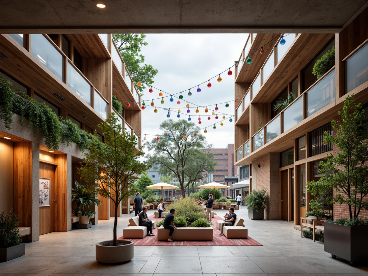 Prompt: Vibrant community center, open atrium, natural light pouring in, suspended LED lights, colorful pendant lamps, warm cozy ambiance, reclaimed wood accents, exposed brick walls, modern minimalist furniture, eclectic artwork, lush greenery, living walls, urban landscape views, cloudy day, soft diffused lighting, shallow depth of field, 1/1 composition, realistic textures, ambient occlusion.