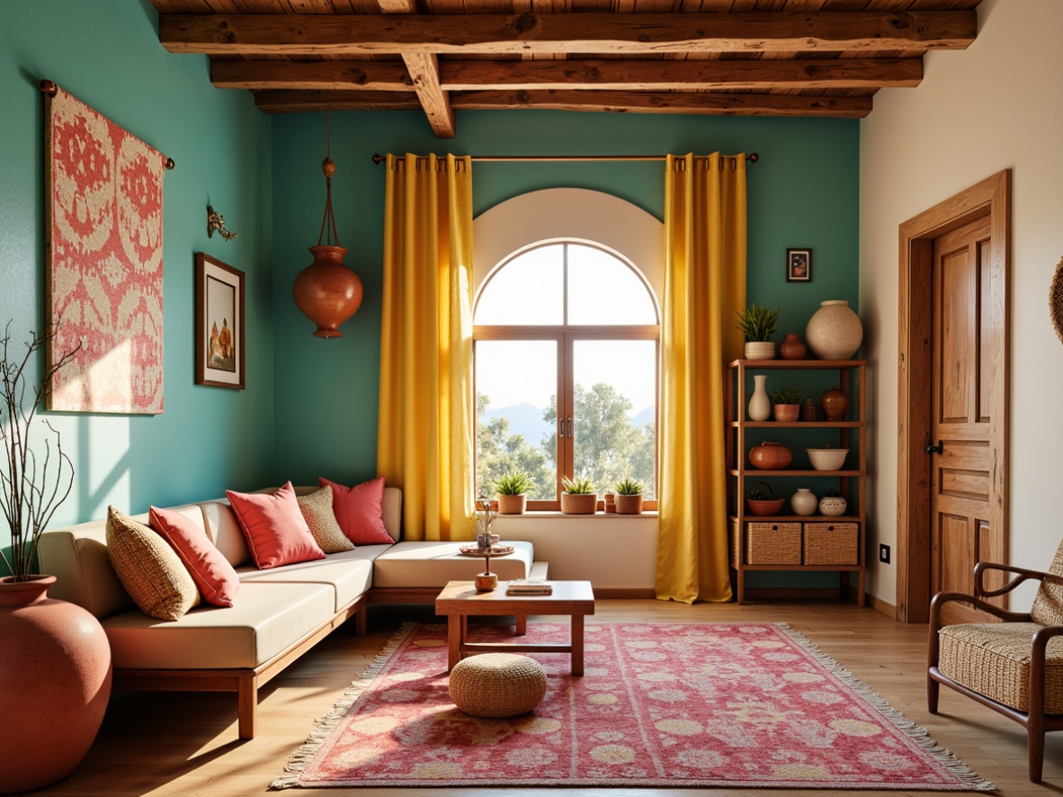 Prompt: Vibrant kids' room, Southwestern style, turquoise accent walls, sandy beige furniture, coral pink decorative accessories, sunny yellow curtains, terracotta pottery, woven tapestries, geometric patterns, adobe-inspired architecture, rustic wooden flooring, warm earthy tones, natural textiles, cozy reading nooks, plush area rugs, soft warm lighting, shallow depth of field, 1/2 composition, intimate atmosphere.