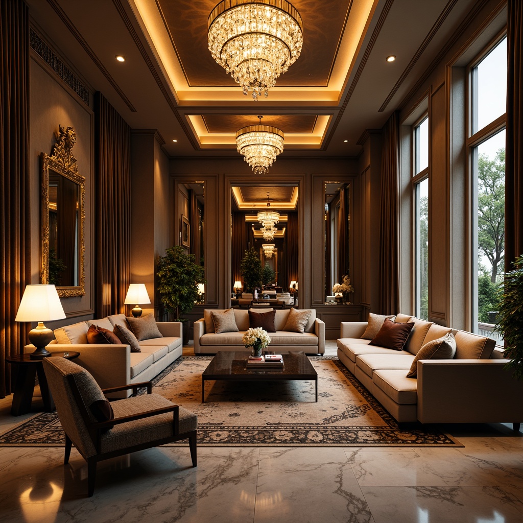 Prompt: Luxurious living room, crystal chandeliers, floor-to-ceiling windows, velvet drapes, marble flooring, plush area rugs, sophisticated furniture designs, ambient warm lighting, table lamps, floor lamps, pendant lights, soft golden hues, cozy reading nooks, rich wood accents, ornate mirrors, opulent fabrics, lavish decorations, dramatic ceiling fixtures, warm glow, shallow depth of field, 1/1 composition, realistic textures.