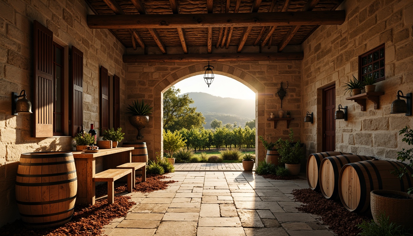 Prompt: Rustic winery, wooden barrels, stone walls, earthy tones, natural textures, vintage wine-making equipment, dim warm lighting, cozy atmosphere, traditional architectural style, clay roof tiles, wooden shutters, wrought iron decorations, lush green vines, mature trees, rolling hills, countryside landscape, soft golden sunlight, shallow depth of field, 1/2 composition, realistic rendering, ambient occlusion.