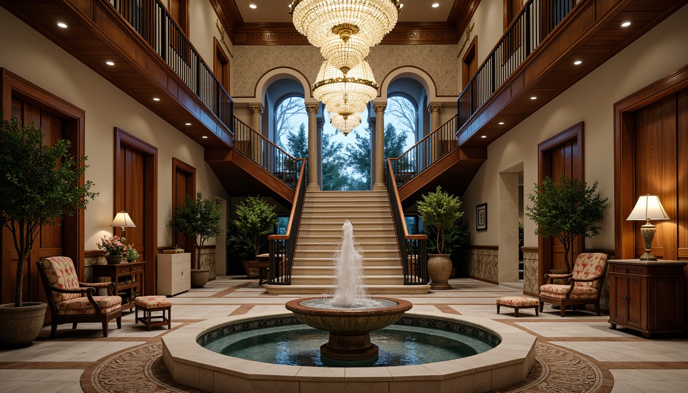 Prompt: Ornate fountain, grand staircase, elegant chandelier, lavish furnishings, intricate carvings, luxurious textiles, ornamental plants, majestic columns, dramatic archways, sophisticated color palette, rich wood tones, metallic accents, ambient lighting, soft misting system, shallow depth of field, 3/4 composition, realistic textures, atmospheric fog effect.