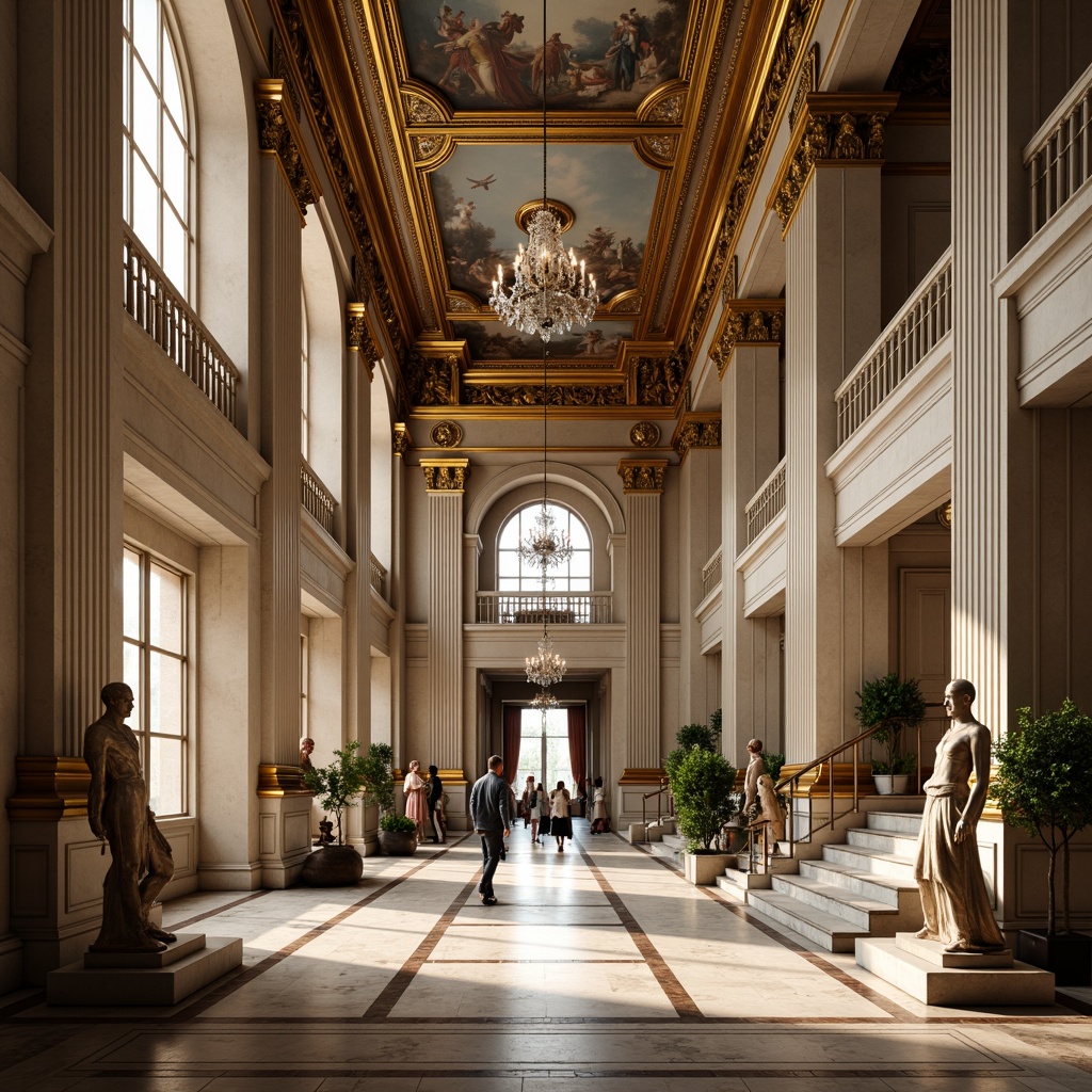 Prompt: Grandiose hall interior, neoclassical architecture style, ornate columns, intricate carvings, golden ornaments, marble flooring, high ceilings, crystal chandeliers, sweeping staircases, elegant balustrades, classical statues, frescoed ceiling paintings, soft warm lighting, shallow depth of field, 1/1 composition, realistic textures, ambient occlusion.