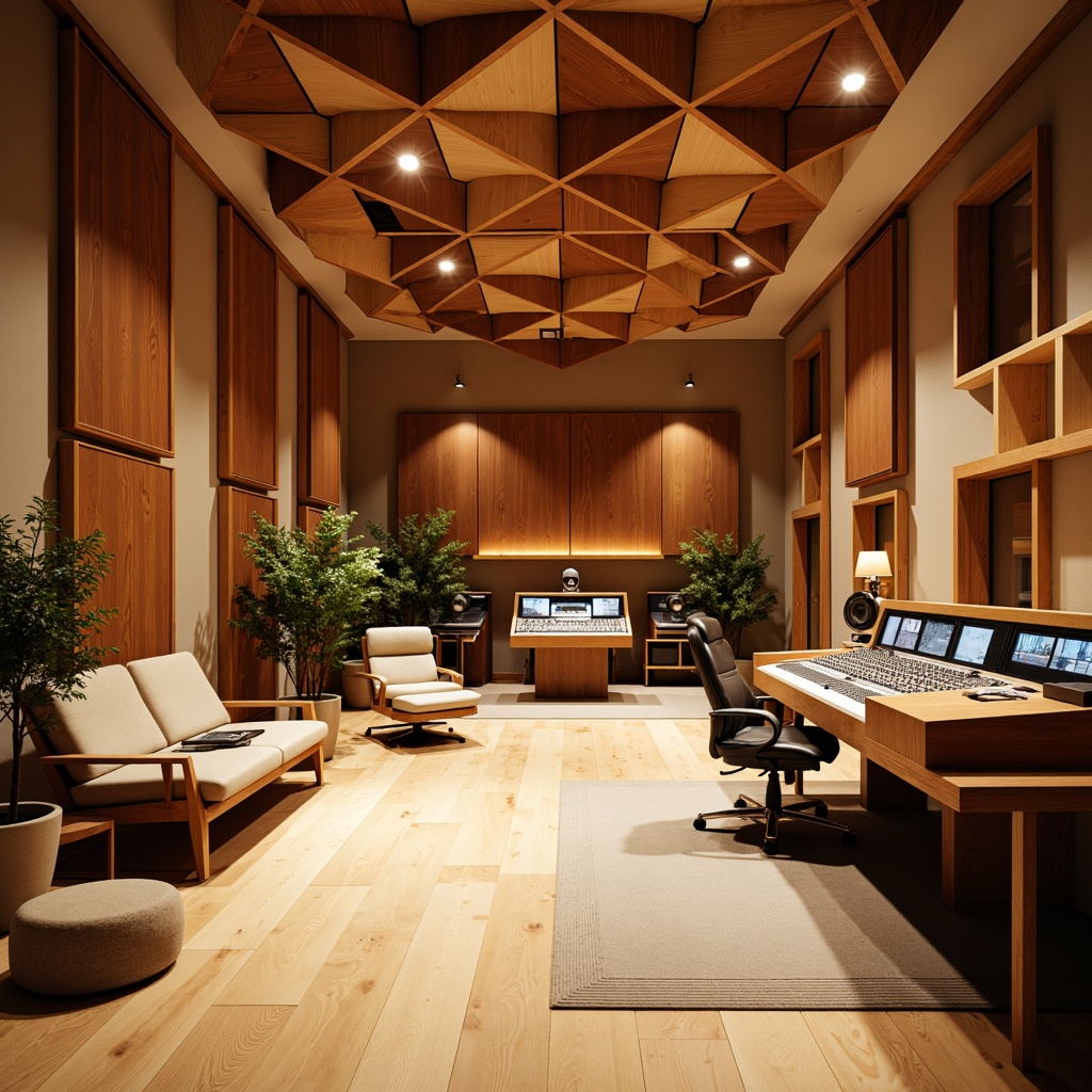 Prompt: Soundproof recording studio, wooden acoustic panels, sound-absorbing materials, triangular shapes, mounted on walls, ceiling installation, professional audio equipment, mixing consoles, microphone stands, comfortable seating areas, dimmable LED lighting, warm beige colors, natural wood textures, quiet atmosphere, 1/2 composition, shallow depth of field, soft focus effect.