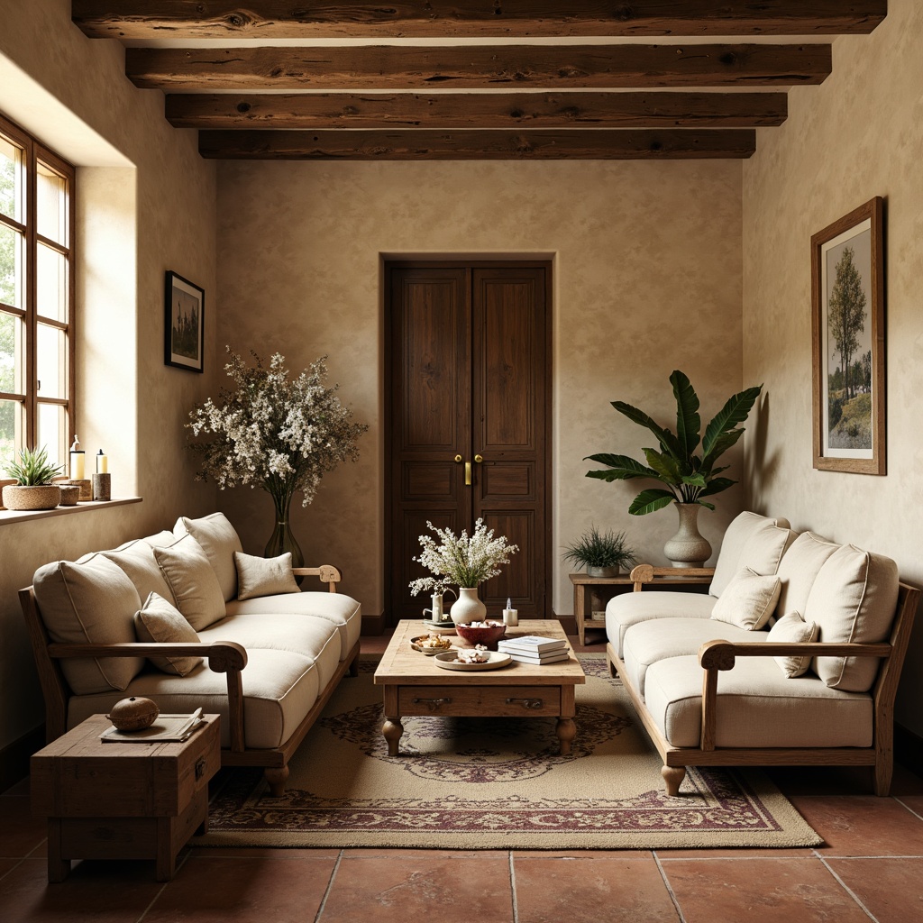 Prompt: Rustic French country interiors, warm beige walls, distressed wood furniture, soft cream accents, vintage metal decor, earthy terracotta floors, natural linen fabrics, subtle lavender undertones, rich gold hardware, ornate carved details, romantic candlelight, shallow depth of field, 1/2 composition, warm golden lighting, realistic textures, ambient occlusion.