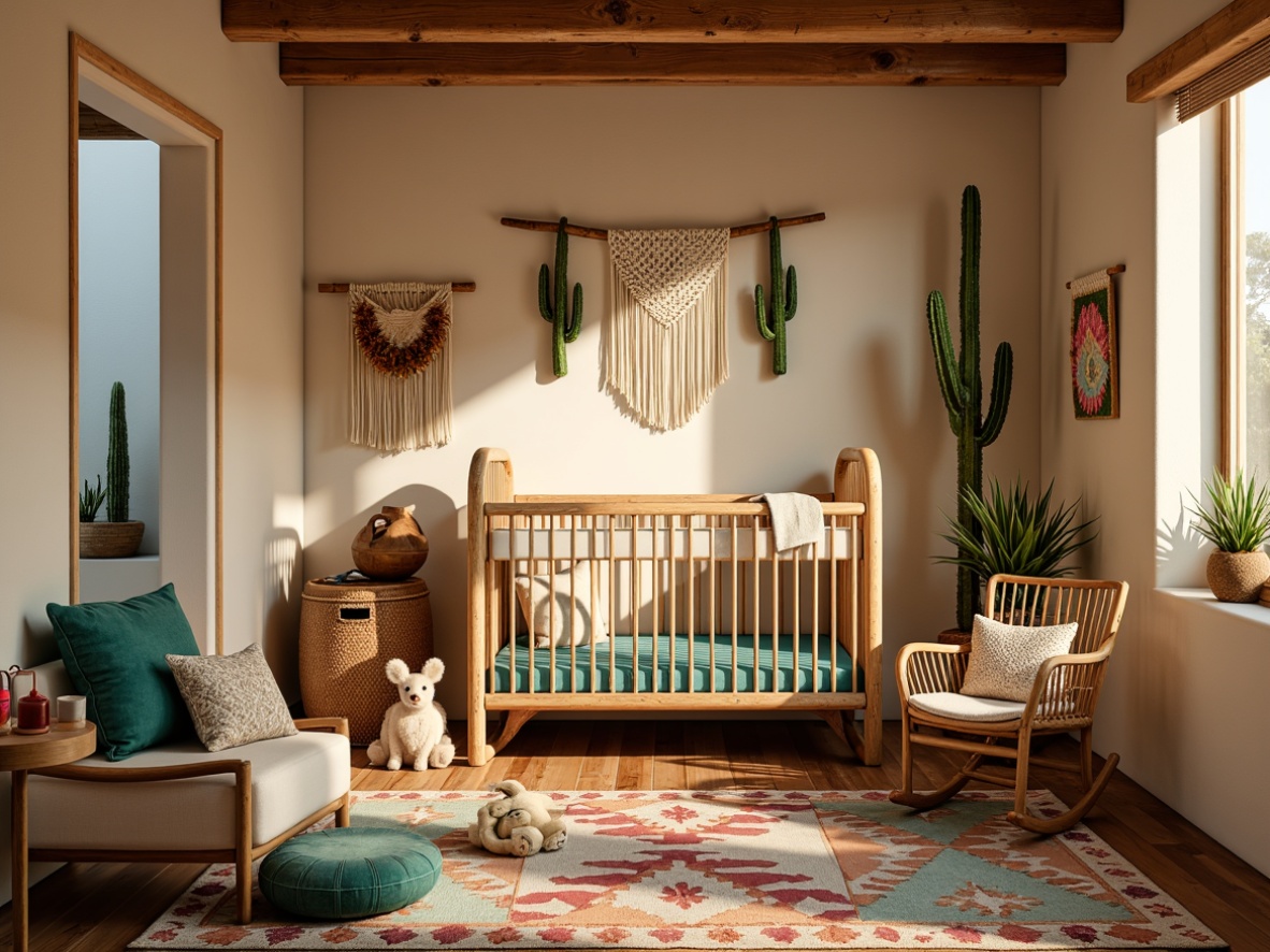 Prompt: Southwestern-themed baby room, warm beige walls, rustic wooden crib, turquoise accents, woven wicker furniture, natural fiber rugs, vibrant Native American-inspired patterns, soft warm lighting, shallow depth of field, 1/2 composition, cozy reading nook, plush toys, rattan rocking chair, earthy tones, desert botanicals, cactus decor, woven baskets, macrame wall hangings, bohemian textiles.