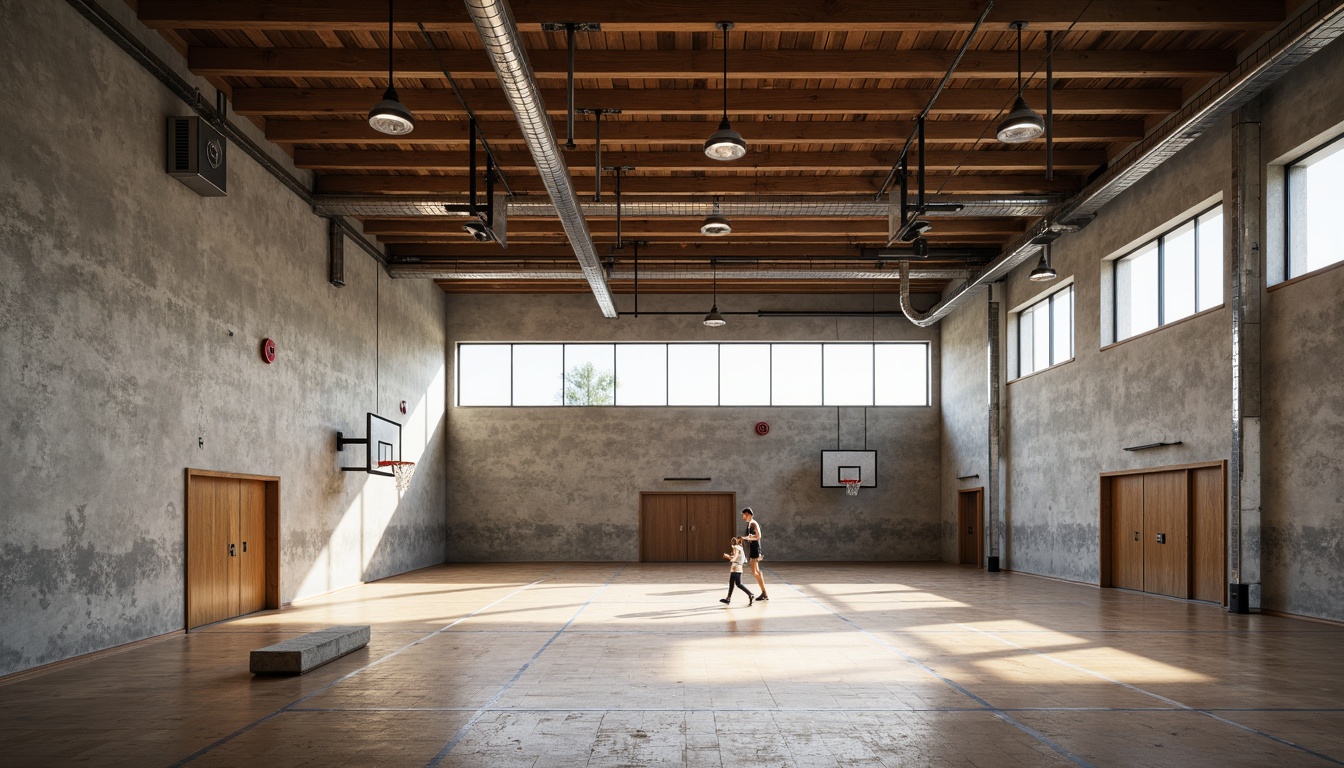 Prompt: Rough concrete walls, exposed ductwork, industrial metal beams, reclaimed wood accents, brutalist architecture, athletic equipment, basketball hoops, volleyball nets, wooden flooring, natural light pouring in, large windows, minimal ornamentation, raw unfinished textures, cold harsh lighting, high ceilings, dramatic shadows, 1/1 composition, realistic renderings, ambient occlusion.