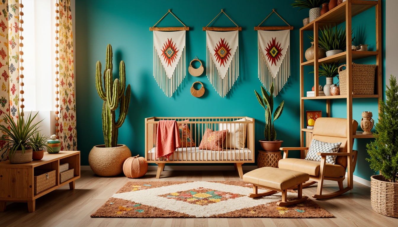 Prompt: Vibrant turquoise walls, cactus-inspired wallpaper, warm beige flooring, plush Navajo-patterned area rug, woven rattan crib, colorful serape blankets, Aztec-printed curtains, macrame wall hangings, natural wood furniture, distressed leather ottoman, soft suede glider, vibrant pom-pom garland, woven basket storage, Southwestern-style geometric patterns, earthy terracotta pots, desert-inspired botanicals, warm golden lighting, shallow depth of field, 1/1 composition, realistic textures, ambient occlusion.