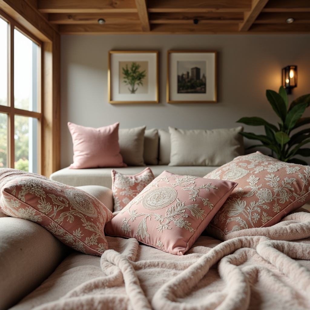 Prompt: Luxurious velvet fabrics, soft pastel hues, intricate floral patterns, metallic accents, plush throw pillows, rich wood tones, modern minimalist spaces, neutral color palette, ambient warm lighting, shallow depth of field, 1/1 composition, realistic textures, subtle shading, gentle folds, inviting atmosphere.