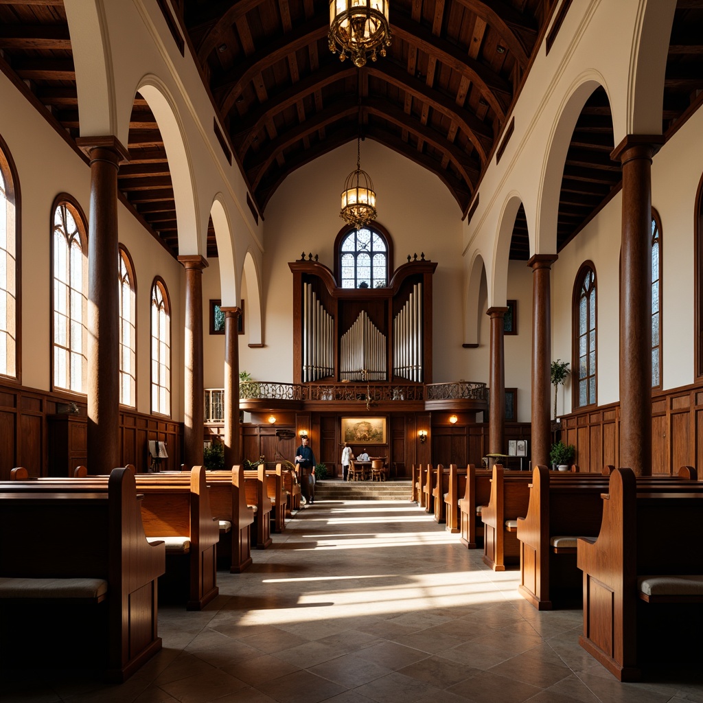 Prompt: Traditional church interior, wooden pews with cushioned seats, ornate carvings, warm brown wood tones, stained glass windows, vaulted ceilings, grand organ pipes, elegant chandeliers, soft warm lighting, shallow depth of field, 3/4 composition, realistic textures, ambient occlusion.