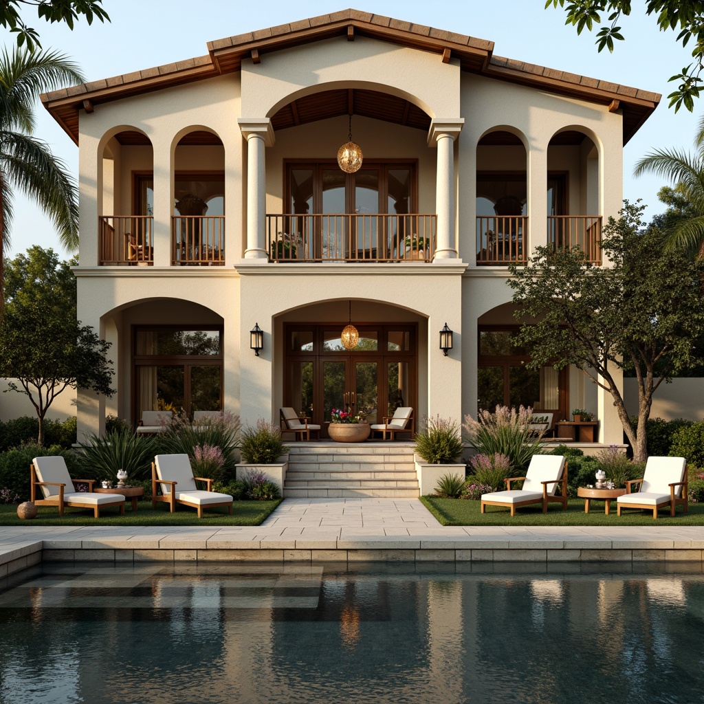 Prompt: Lavish villa, neoclassical architecture, ornate columns, grand entrance, symmetrical facade, elegant stucco walls, rustic stone foundations, lush greenery, blooming flowers, manicured lawns, serene water features, tranquil fountain, soft warm lighting, shallow depth of field, 1/1 composition, panoramic view, realistic textures, ambient occlusion, marble flooring, crystal chandeliers, intricate moldings, luxurious furnishings, vintage decorations, earthy color palette.