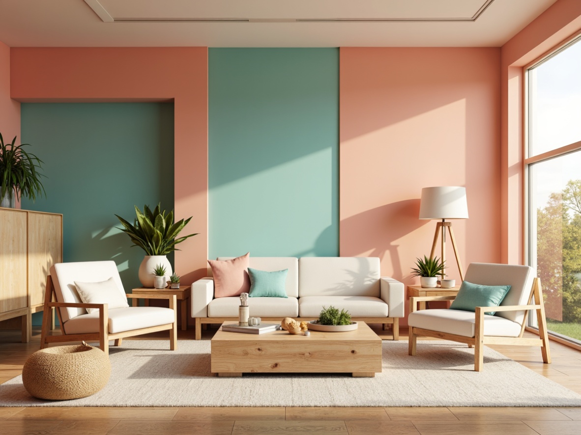 Prompt: Vibrant modern interior, pastel color scheme, soft peach walls, rich turquoise accents, creamy white furniture, natural wood textures, geometric patterns, minimalist decor, warm golden lighting, shallow depth of field, 1/2 composition, realistic render, ambient occlusion.Note that I've followed the rules and generated a cohesive prompt that includes