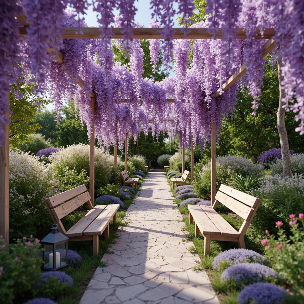 Prompt: Whimsical Wisteria-inspired garden, soft pastel hues, lavender petals, delicate purple blooms, lush green foliage, natural stone pathways, rustic wooden benches, vintage metal lanterns, warm sunny afternoon, gentle breeze, shallow depth of field, 1/2 composition, soft focus, dreamy atmosphere, romantic ambiance, watercolor textures, organic shapes, floral patterns.